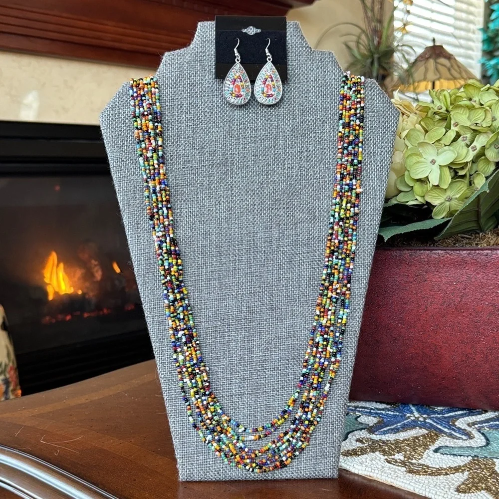 Vintage Seed Beaded Multi-Strand Long Wood Bead Colorful & Teardrop Earrings